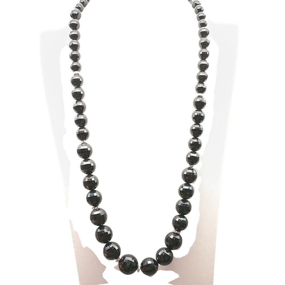 Vintage Black Faceted Plastic Bead Necklace 30" Long with Silver Tone Spacers